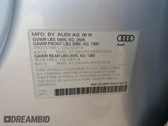 2017 Audi Q5 Premium Plus z VIN WA1D7AFP1HA014416, wystawiony jako Copart lot #57795405 z przebiegiem Nie podano mil oraz Szkoda całkowita • Salvage title. Historia ofert i sprzedaży dostępna na DreamBid. Obrazek 14.