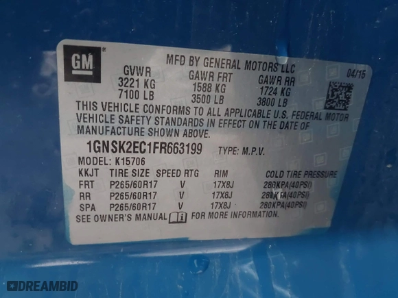2015 Chevrolet Tahoe Commercial with VIN 1GNSK2EC1FR663199, listed as a IAAI auction lot 41552787 with 148,187 mi miles. Bid and sale history available at carsss.com. Image 9.