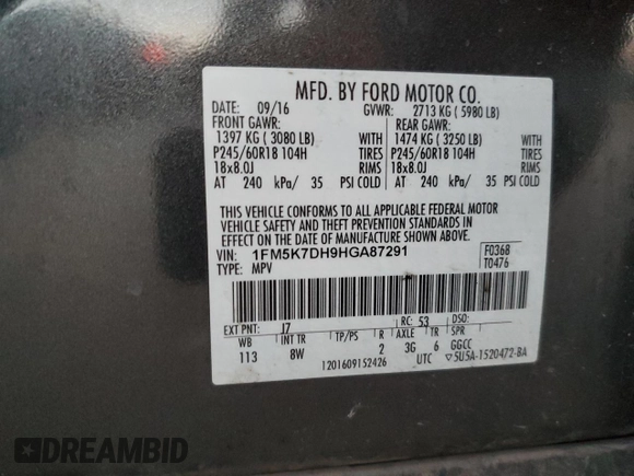 2017 Ford Explorer XLT with VIN 1FM5K7DH9HGA87291, listed as a Copart auction lot 87955855 with 123,480 mi miles and Salvage Title. Bid and sale history available at carsss.com. Image 13.