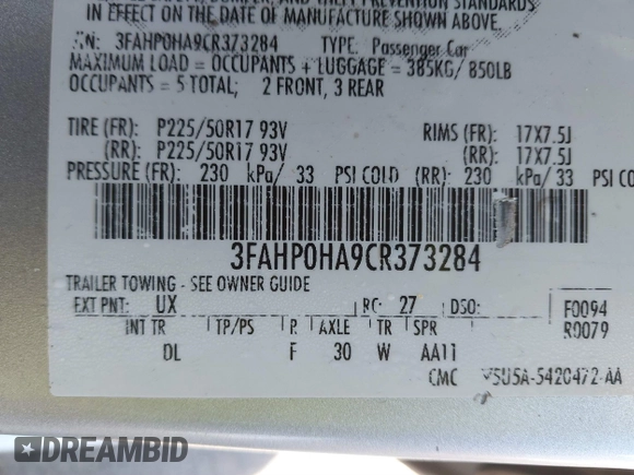 2012 Ford Fusion SE with VIN 3FAHP0HA9CR373284, listed as a IAAI auction lot 41596160 with 132,037 mi miles. Bid and sale history available at carsss.com. Image 9.