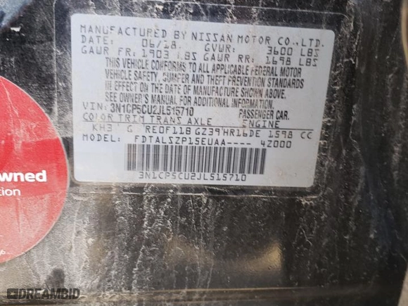 2018 Nissan Kicks SR with VIN 3N1CP5CU2JL515710, listed as a Copart auction lot 88911005 with 153,341 mi miles and Salvage Title. Bid and sale history available at carsss.com. Image 13.