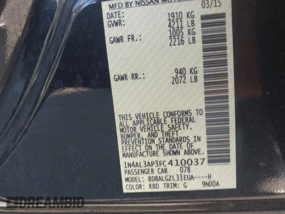 2015 Nissan Altima S with VIN 1N4AL3AP3FC410037, listed as a IAAI auction lot 41246632 with 140,174 mi miles and . Bid and sale history available at DreamBid. Image 9.