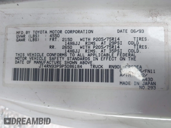 1993 Toyota Pickup DLX с VIN JT4RN93P9P5086184, выставлен на аукционе IAAI как лот 41434389 с пробегом 207 014 миль миль и . История ставок и продаж доступна на DreamBid. Изображение 9.