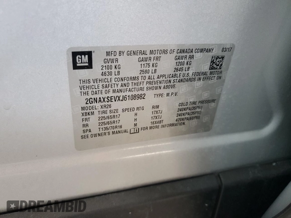 2018 Chevrolet Equinox LT with VIN 2GNAXSEVXJ6108982, listed as a Copart auction lot 52082785 with 80,161 mi miles and Salvage Title. Bid and sale history available at DreamBid. Image 13.