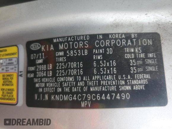 2012 Kia Sedona LX with VIN KNDMG4C79C6447490, listed as a Copart auction lot 78223984 with 167,629 mi miles and Salvage Title. Bid and sale history available at carsss.com. Image 13.
