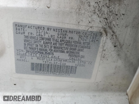 2017 Nissan Note SL with VIN 3N1CE2CP9HL354975, listed as a Copart auction lot 57454965 with 98,551 mi miles and Salvage title. Bid and sale history available at DreamBid. Image 13.