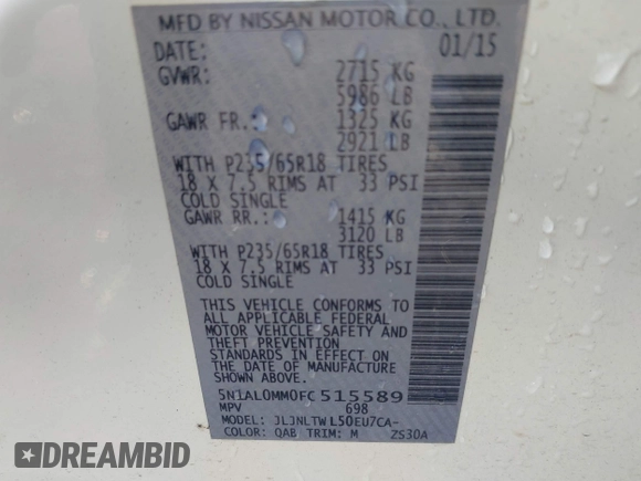 2015 Infiniti QX60 with VIN 5N1AL0MM0FC515589, listed as a IAAI auction lot 41420447 with 172,570 mi miles and . Bid and sale history available at DreamBid. Image 9.
