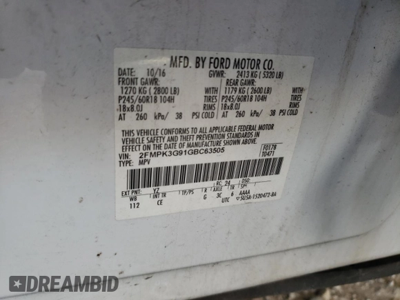 2016 Ford Edge SE с VIN 2FMPK3G91GBC63505, выставлен на аукционе Copart как лот 61766975 с пробегом 124 082 миль миль и Чистый • Clean title. История ставок и продаж доступна на DreamBid. Изображение 13.