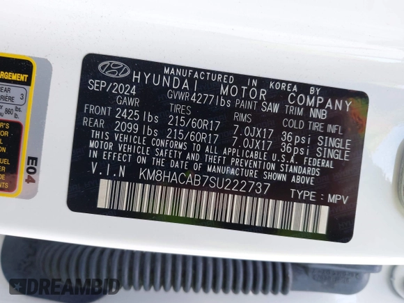 2025 Hyundai Kona SE with VIN KM8HACAB7SU222737, listed as a IAAI auction lot 42113828 with 1 mi miles. Bid and sale history available at carsss.com. Image 9.