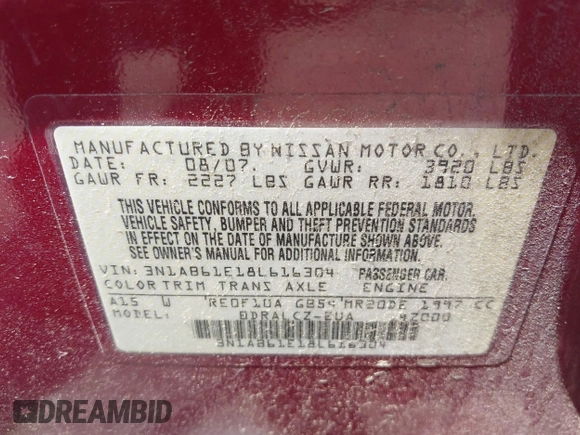 2008 Nissan Sentra S with VIN 3N1AB61E18L616304, listed as a IAAI auction lot 42171957 with 196,420 mi miles and . Bid and sale history available at DreamBid. Image 9.