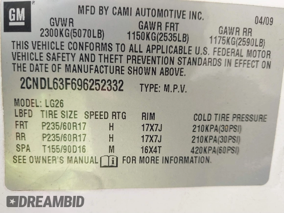 2009 Chevrolet Equinox LT w/2LT with VIN 2CNDL63F696252332, listed as a IAAI auction lot 41336535 with 192,820 mi miles. Bid and sale history available at carsss.com. Image 9.