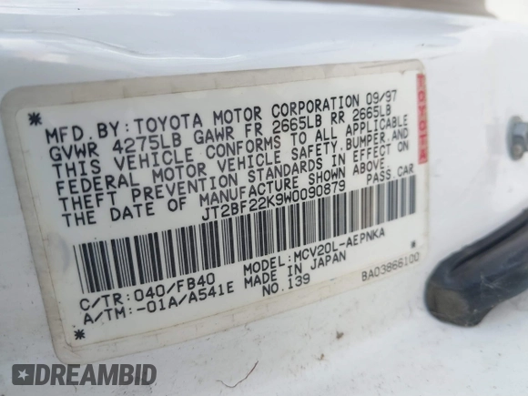 1998 Toyota Camry LE z VIN JT2BF22K9W0090879, wystawiony jako IAAI lot #41860538 z przebiegiem 248 879 mil mil oraz . Historia ofert i sprzedaży dostępna na DreamBid. Obrazek 9.