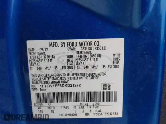 2013 Ford F-150 XL with VIN 1FTFW1EF6DKD21272, listed as a IAAI auction lot 41509919 with 95,442 mi miles. Bid and sale history available at carsss.com. Image 9.