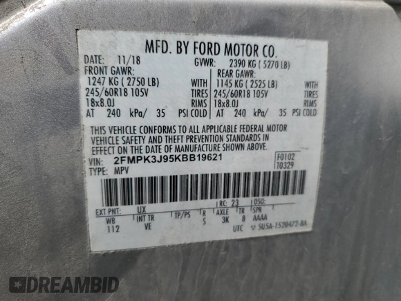 2019 Ford Edge SEL z VIN 2FMPK3J95KBB19621, wystawiony jako Copart lot #56135855 z przebiegiem 67 961 mil mil oraz Szkoda całkowita • Salvage title. Historia ofert i sprzedaży dostępna na DreamBid. Obrazek 14.