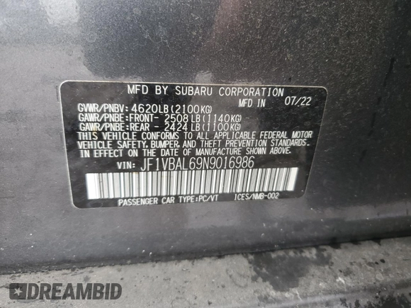 2022 Subaru WRX Limited z VIN JF1VBAL69N9016986, wystawiony jako Copart lot #70930084 z przebiegiem 13 844 mil mil oraz Nie do naprawy • Non repairable. Historia ofert i sprzedaży dostępna na DreamBid. Obrazek 12.
