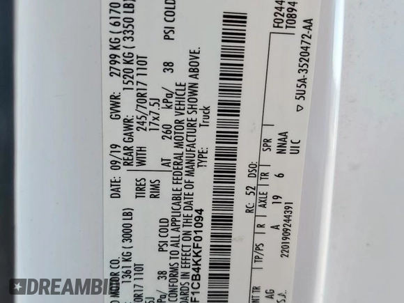 2019 Ford F-150 XL with VIN 1FTMF1CB4KKF01094, listed as a Copart auction lot 62375555 with 73,272 mi miles and Salvage title. Bid and sale history available at DreamBid. Image 13.