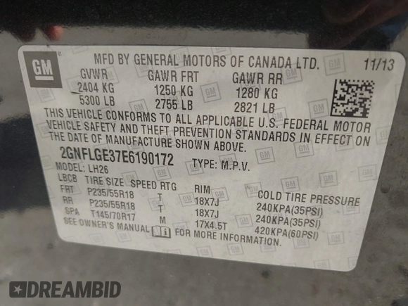 2014 Chevrolet Equinox LT with VIN 2GNFLGE37E6190172, listed as a IAAI auction lot 42130721 with 142,754 mi miles. Bid and sale history available at carsss.com. Image 9.