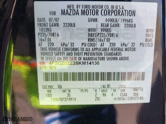 2008 Mazda Tribute Grand Touring with VIN 4F2CZ02Z28KM14136, listed as a IAAI auction lot 41878738 with 155,465 mi miles. Bid and sale history available at carsss.com. Image 9.