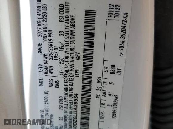 2020 Ford Escape Titanium Hybrid with VIN 1FMCU0DZ6LUA39534, listed as a Copart auction lot 65943515 with 116,860 mi miles and Clean title. Bid and sale history available at DreamBid. Image 13.