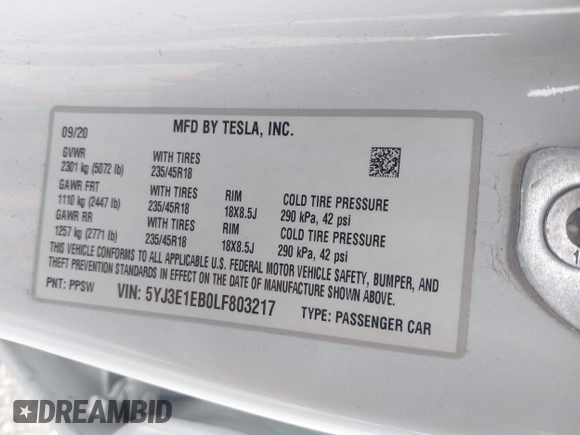2020 Tesla Model 3 Long Range with VIN 5YJ3E1EB0LF803217, listed as a IAAI auction lot 41871940 with 130,391 mi miles. Bid and sale history available at carsss.com. Image 9.