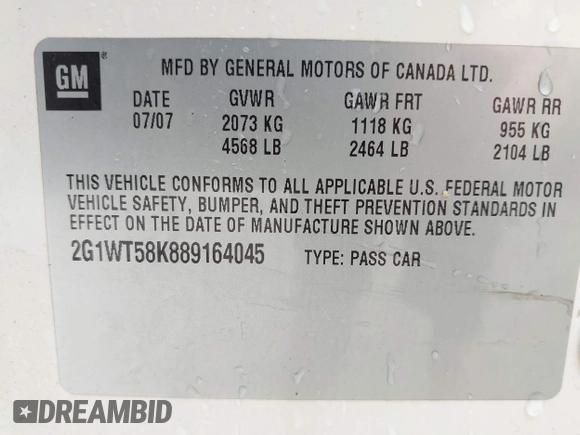 2008 Chevrolet Impala LT with VIN 2G1WT58K889164045, listed as a IAAI auction lot 42148113 with 191,123 mi miles and . Bid and sale history available at DreamBid. Image 9.
