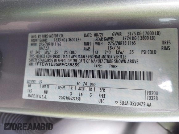 2021 Ford F-150 XL with VIN 1FTEW1E85MFC35859, listed as a IAAI auction lot 41469742 with 39,623 mi miles. Bid and sale history available at carsss.com. Image 9.
