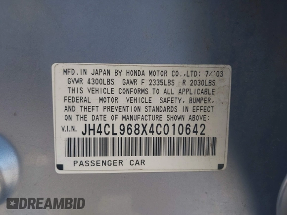 2004 Acura TSX with VIN JH4CL968X4C010642, listed as a IAAI auction lot 42536927 with 180,303 mi miles and . Bid and sale history available at DreamBid. Image 9.