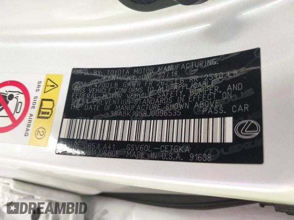 2018 Lexus ES with VIN 58ABK1GG8JU096535, listed as a IAAI auction lot 42009893 with 65,225 mi miles. Bid and sale history available at carsss.com. Image 9.