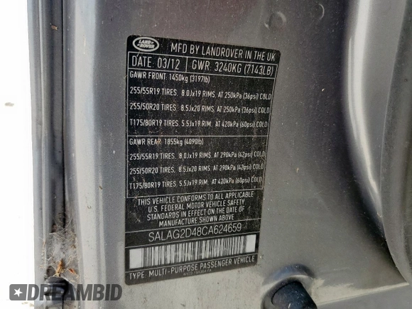 2012 Land Rover LR4 HSE with VIN SALAG2D48CA624659, listed as a Copart auction lot 60175875 with 102,691 mi miles and Clean title. Bid and sale history available at DreamBid. Image 13.