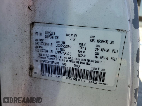 1997 Dodge 1500 with VIN 1B7HF13ZXVJ581204, listed as a Copart auction lot 50525235 with 192,011 mi miles and Salvage Title. Bid and sale history available at DreamBid. Image 12.