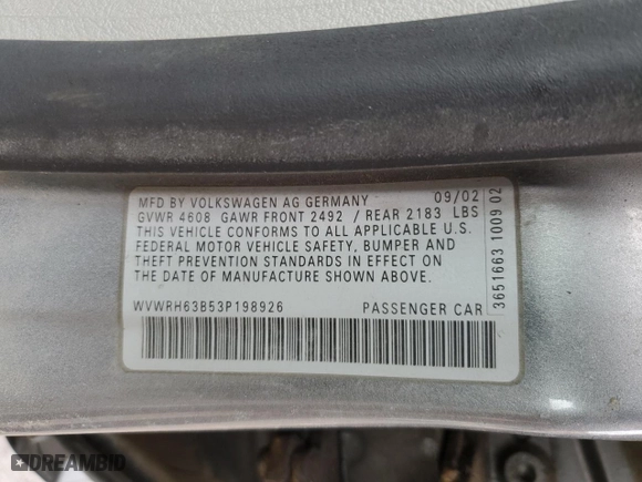 2003 Volkswagen Passat GLX with VIN WVWRH63B53P198926, listed as a Copart auction lot 46875345 with 185,075 mi miles and Salvage Title. Bid and sale history available at carsss.com. Image 12.