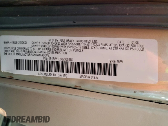 2008 Subaru Outback i with VIN 4S4BP61C387350818, listed as a Copart auction lot 61717085 with 122,273 mi miles and Salvage title. Bid and sale history available at DreamBid. Image 13.