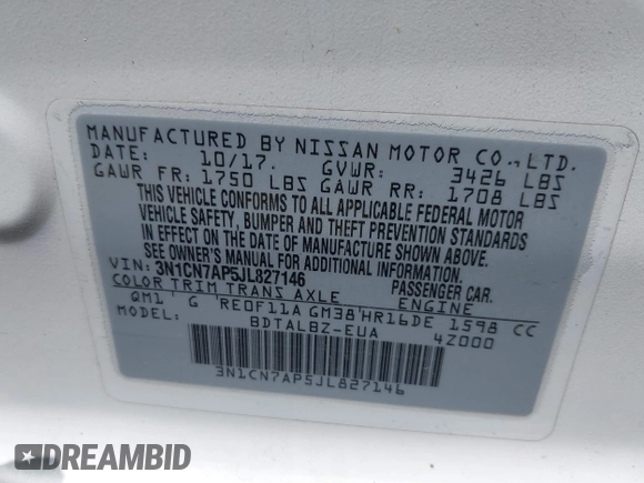 2018 Nissan Versa SV with VIN 3N1CN7AP5JL827146, listed as a IAAI auction lot 40182941 with 85,984 mi miles. Bid and sale history available at carsss.com. Image 9.