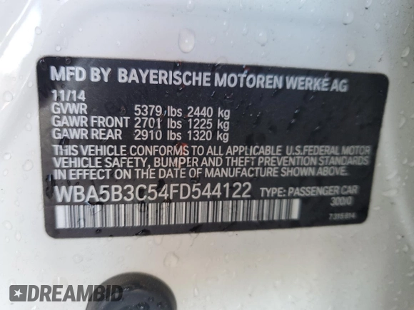 2015 BMW 5 Series 535i xDrive with VIN WBA5B3C54FD544122, listed as a Copart auction lot 53733555 with 126,154 mi miles and Clean Title. Bid and sale history available at carsss.com. Image 12.