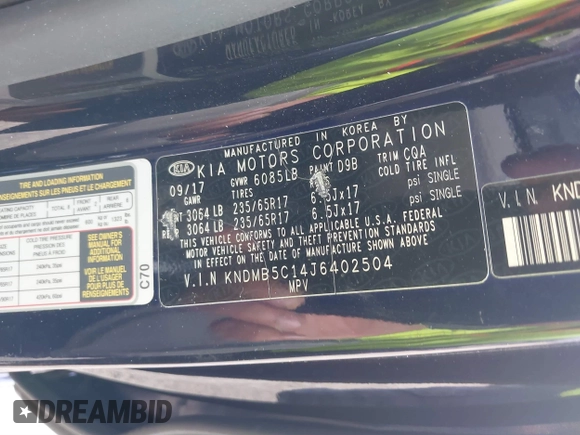 2018 Kia Sedona LX with VIN KNDMB5C14J6402504, listed as a IAAI auction lot 41682858 with 93,396 mi miles. Bid and sale history available at carsss.com. Image 9.