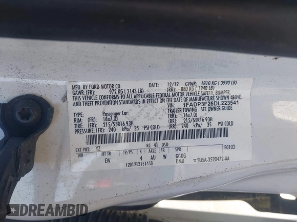 2013 Ford Focus SE with VIN 1FADP3F25DL223541, listed as a IAAI auction lot 41877904 with 192,484 mi miles and . Bid and sale history available at DreamBid. Image 9.