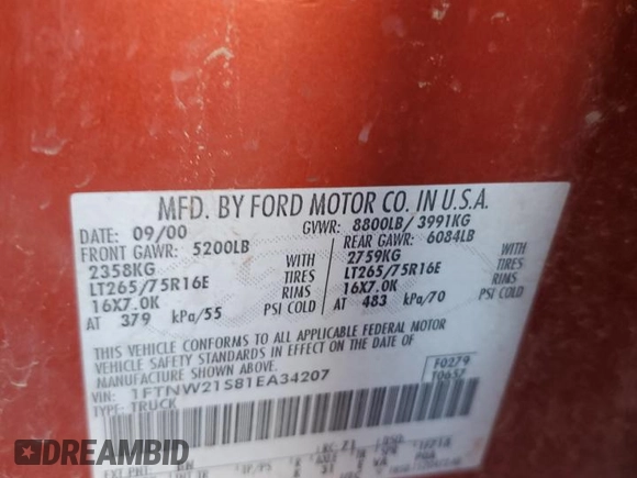 2001 Ford Super Duty F-250 XL with VIN 1FTNW21S81EA34207, listed as a Copart auction lot 77451904 with 207,829 mi miles and Salvage Title. Bid and sale history available at carsss.com. Image 12.
