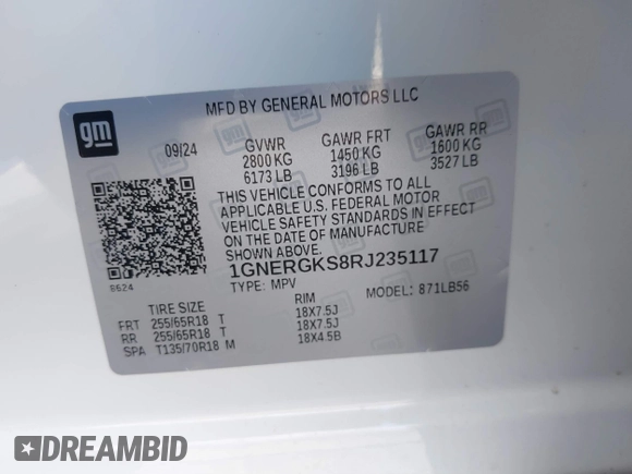 2024 Chevrolet Traverse FWD LT с VIN 1GNERGKS8RJ235117, выставлен на аукционе IAAI как лот 41635193 с пробегом 5 112 миль миль и . История ставок и продаж доступна на DreamBid. Изображение 9.