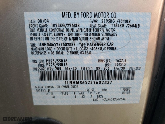 2005 Lincoln LS w/Luxury Pkg with VIN 1LNHM86S25Y602837, listed as a Copart auction lot 70620174 with NaN miles and Salvage Title. Bid and sale history available at carsss.com. Image 12.