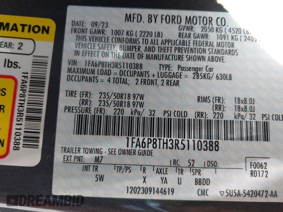 2024 Ford Mustang EcoBoost с VIN 1FA6P8TH3R5110388, выставлен на аукционе IAAI как лот 42103785 с пробегом 16 538 миль миль и . История ставок и продаж доступна на DreamBid. Изображение 9.