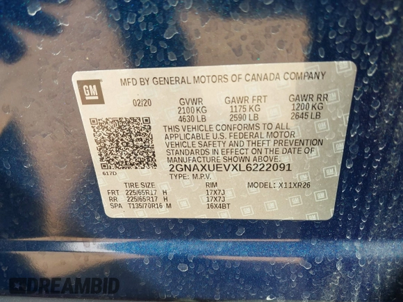 2020 Chevrolet Equinox LT with VIN 2GNAXUEVXL6222091, listed as a IAAI auction lot 41786944 with 43,610 mi miles and . Bid and sale history available at DreamBid. Image 9.