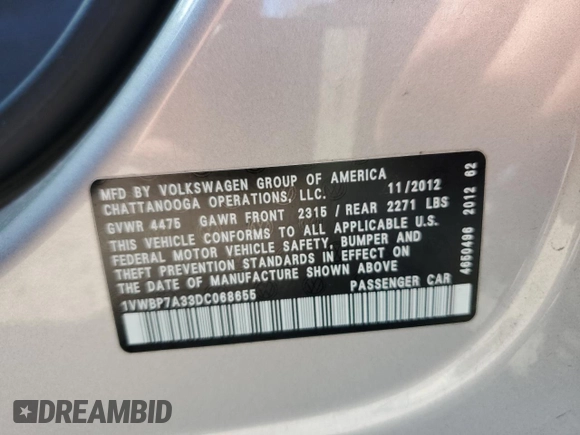 2013 Volkswagen Passat SE w/Sunroof with VIN 1VWBP7A33DC068655, listed as a Copart auction lot 53105025 with 0 mi miles and Clean Title. Bid and sale history available at carsss.com. Image 12.