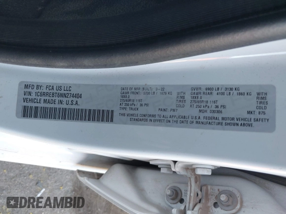 2022 Ram 1500 Big Horn z VIN 1C6RREBT6NN274404, wystawiony jako IAAI lot #42086856 z przebiegiem 66 000 mil mil oraz . Historia ofert i sprzedaży dostępna na DreamBid. Obrazek 9.