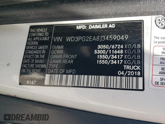 2018 Mercedes-Benz Metris Cargo with VIN WD3PG2EA8J3459049, listed as a Copart auction lot 63188234 with 117,310 mi miles and Salvage Title. Bid and sale history available at carsss.com. Image 12.