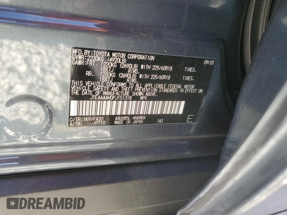 2023 Toyota Venza LE with VIN JTEAAAAH0PJ151318, listed as a Copart auction lot 50808254 with 5,177 mi miles and Salvage Title. Bid and sale history available at carsss.com. Image 13.