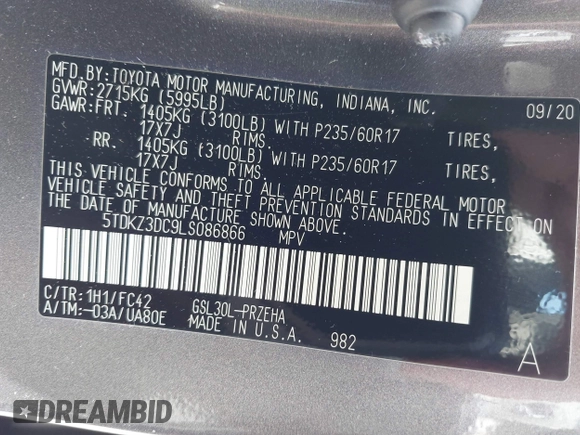2020 Toyota Sienna LE Auto Access Seat with VIN 5TDKZ3DC9LS086866, listed as a IAAI auction lot 42353682 with 60,951 mi miles and . Bid and sale history available at DreamBid. Image 9.