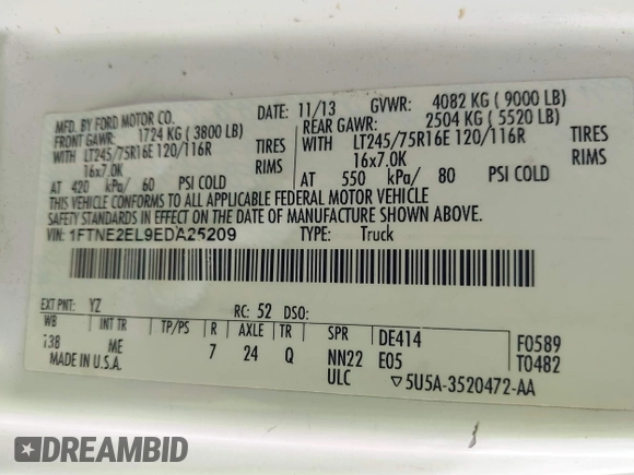 2014 Ford Econoline Cargo Commercial with VIN 1FTNE2EL9EDA25209, listed as a IAAI auction lot 42046588 with 131,520 mi miles and . Bid and sale history available at carsss.com. Image 9.