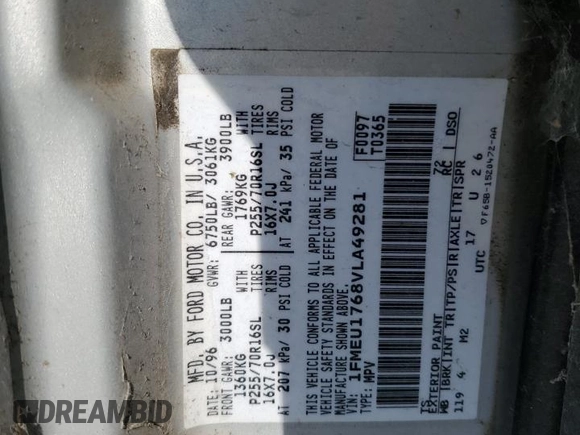 1997 Ford Expedition XLT z VIN 1FMEU1768VLA49281, wystawiony jako Copart lot #79895244 z przebiegiem 73 188 mil mil oraz Szkoda całkowita • Salvage title. Historia ofert i sprzedaży dostępna na DreamBid. Obrazek 16.