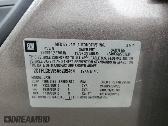 2010 GMC Terrain SLE-1 with VIN 2CTFLCEW5A6295464, listed as a Copart auction lot 50791815 with 181,405 mi miles and Salvage Title. Bid and sale history available at carsss.com. Image 13.