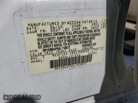 2010 Nissan Sentra SL with VIN 3N1AB6AP5AL710872, listed as a Copart auction lot 57518185 with 158,564 mi miles and Salvage title. Bid and sale history available at DreamBid. Image 12.